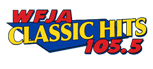 WFJA Classic Hits 105.5 | Sanford, NC. Wording "WFJA is in red to the top left. "Classic Hits" is in yellow and centered. "105.5" is also in red, but at the bottom right. Backed by a blue trapezoid-like shape.