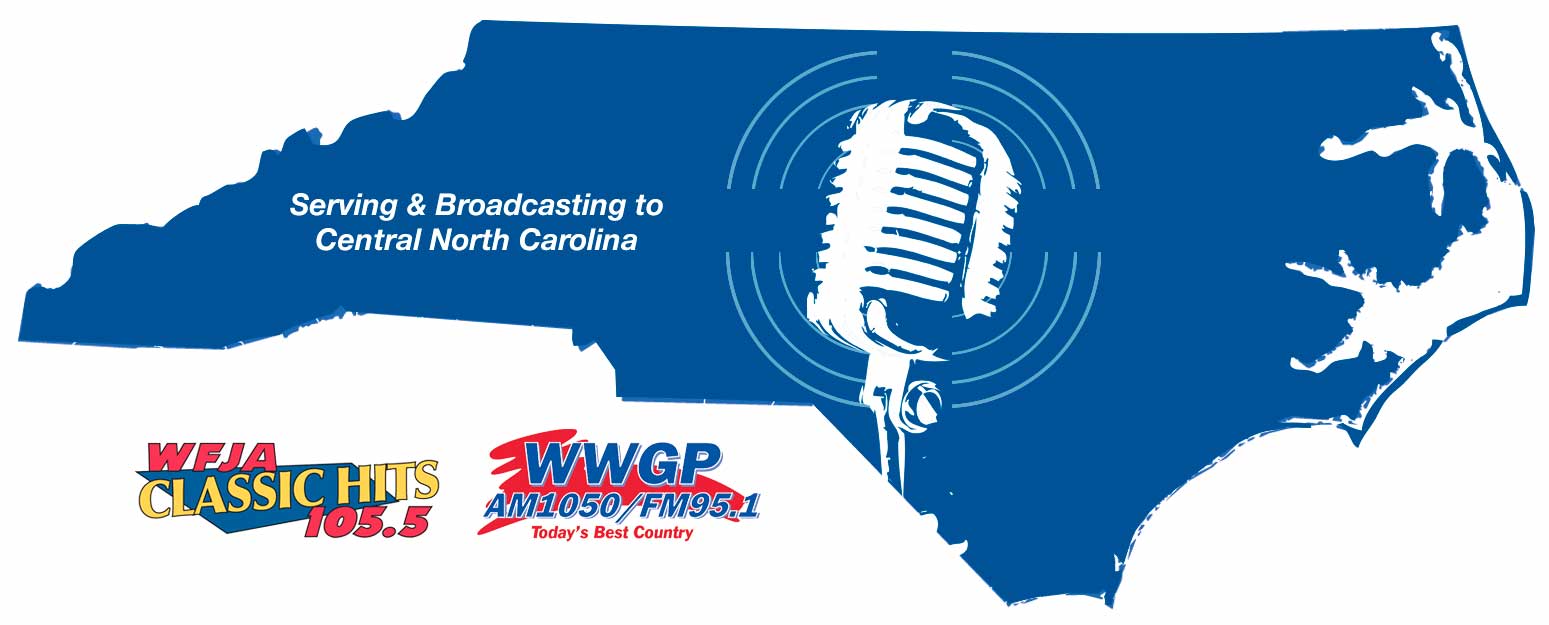 WFJA WWGP Listening Area Map. Features a silhouette of the shape of North Carolina. The image of a microphone sits in the center of the state. Also displays the logos of WFJA and WWGP.