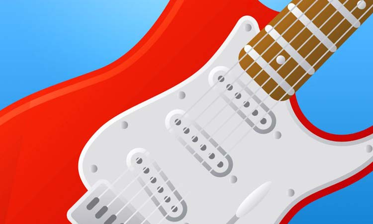 Red and white electric guitar against a blue background.