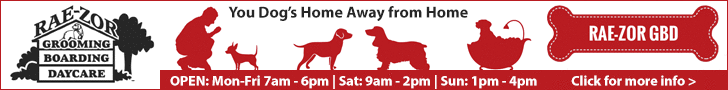Banner ad for Rae-Zor, in Sanford, NC. Offers services in pet grooming, boarding and daycare. Open Monday through Friday, 7am to 6pm, Saturday from 9am to 2pm and Sunday from 1pm to 4pm.