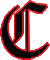 The logo of Currituck High School. Features a black capital "C" outlined in red.