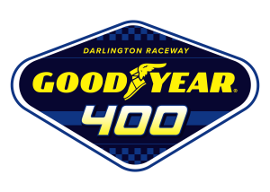 Logo for the Darlington Raceway, featuring the upcoming Good Year 400 race. A blue diamond with yellow font.