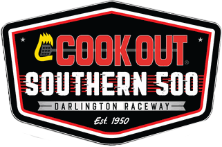 Logo for the Cookout Southern 500 Nascar race. Features a flaming spatula, black background, and red and white highlights.