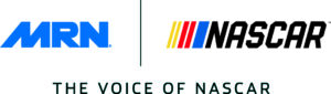 The banner for MRN, The Voice of NASCAR. A white banner. The logo for MRN is on the left. It features the letters M, R, and N in blue font. While the logo for NASCAR is on the right. That logo features yellow, red, and blue diagonal stripes to the left of the name NASCAR. Under both logos is the phrase "The Voice of NASCAR"