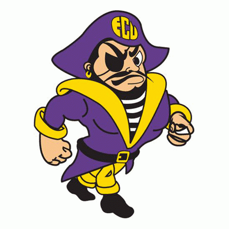 Logo for the ECU Pirates. Features a muscular pirate clad in purple and yellow.